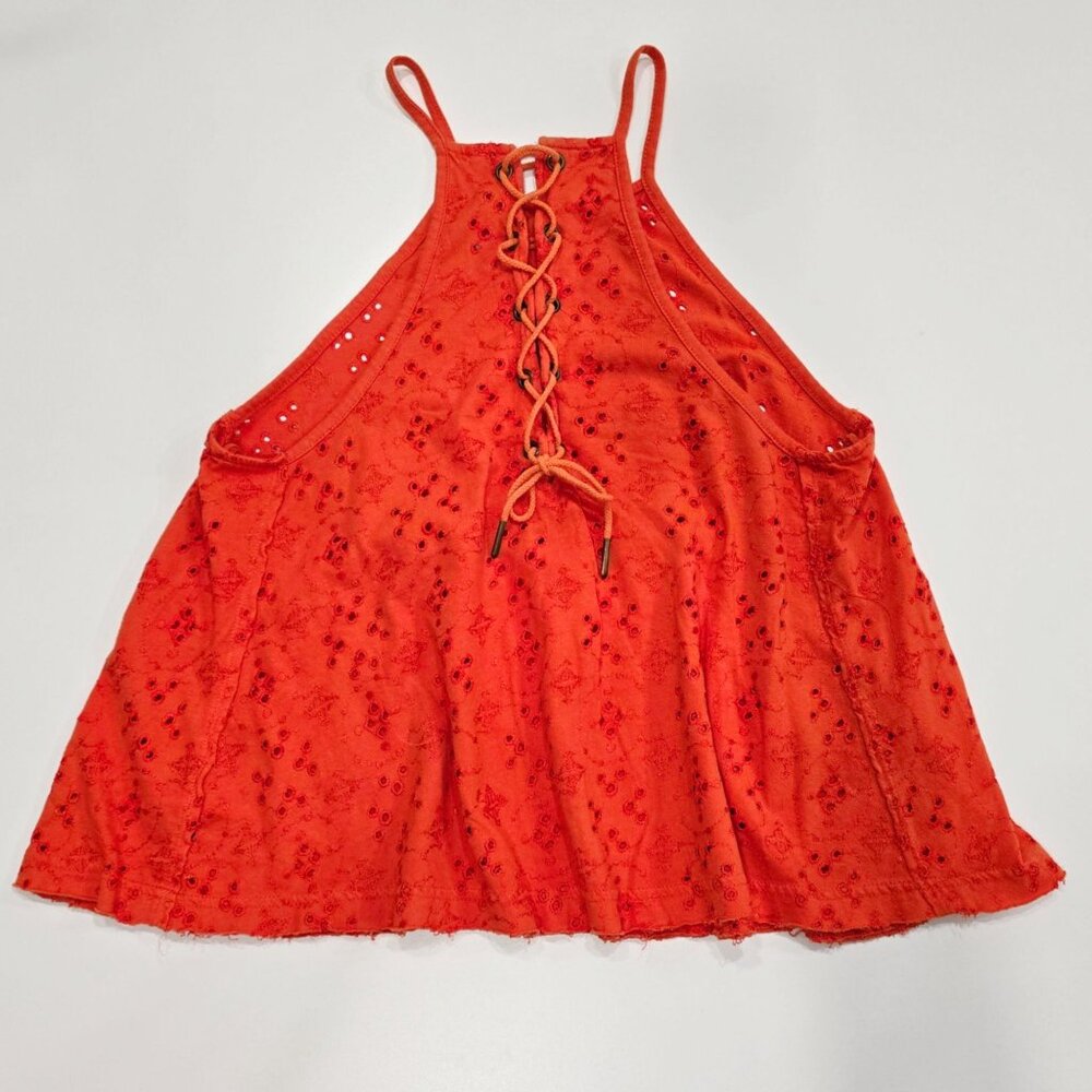 Free People ✦ Orange Eyelet Lace-Up Halter Crop Tank ✦ Cotton Summer Top XS - Picture 8 of 10
